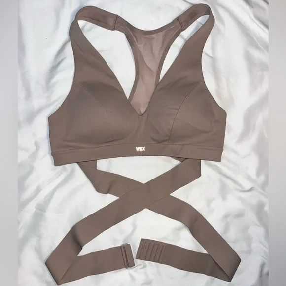 Victoria's Secret Small Taupe Deep V Taupe Sports Bra with waist cross-over tie - Picture 1 of 5